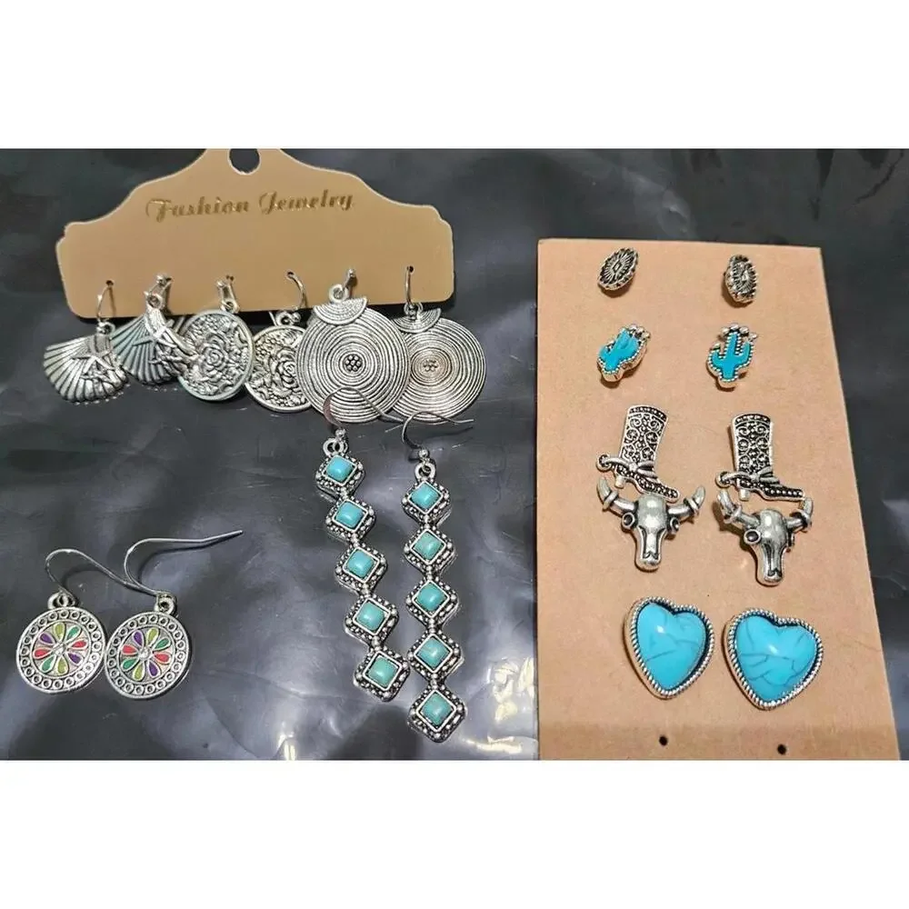 Set of 10 Pairs Assorted Women's Earrings with Turquoise and Western Designs New